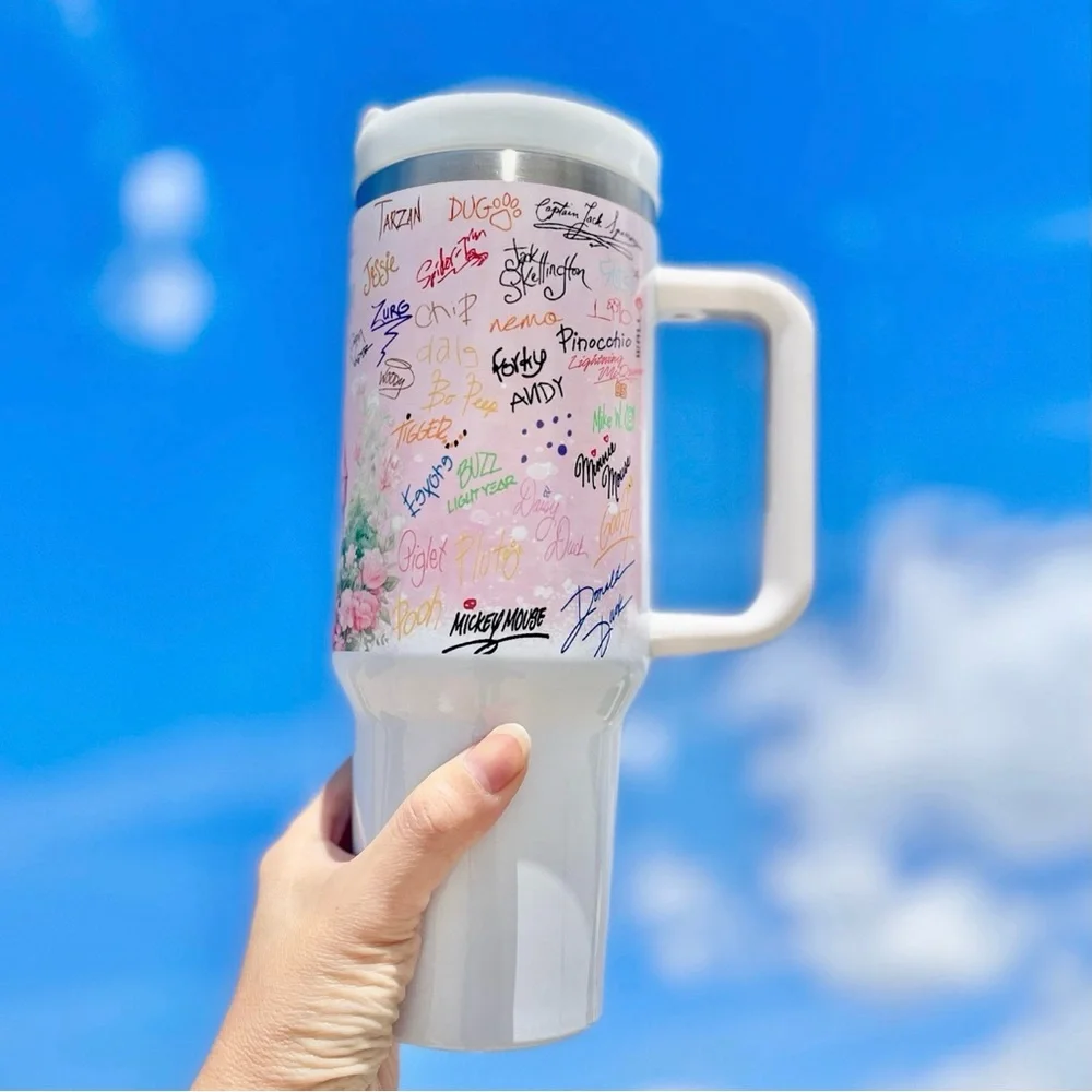 Disney Castle with all characters name 40oz tumbler with lid and straw. Stainles